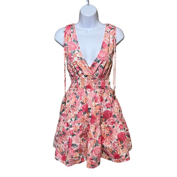 Hello Molly Sandy Shores Mini Dress M Pink Floral Smocked Waist Open Back Preppy - Picture 4 of 10